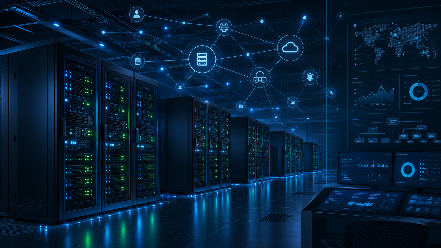 Data center server racks with network lights for a ReliableSite independent hosting guide