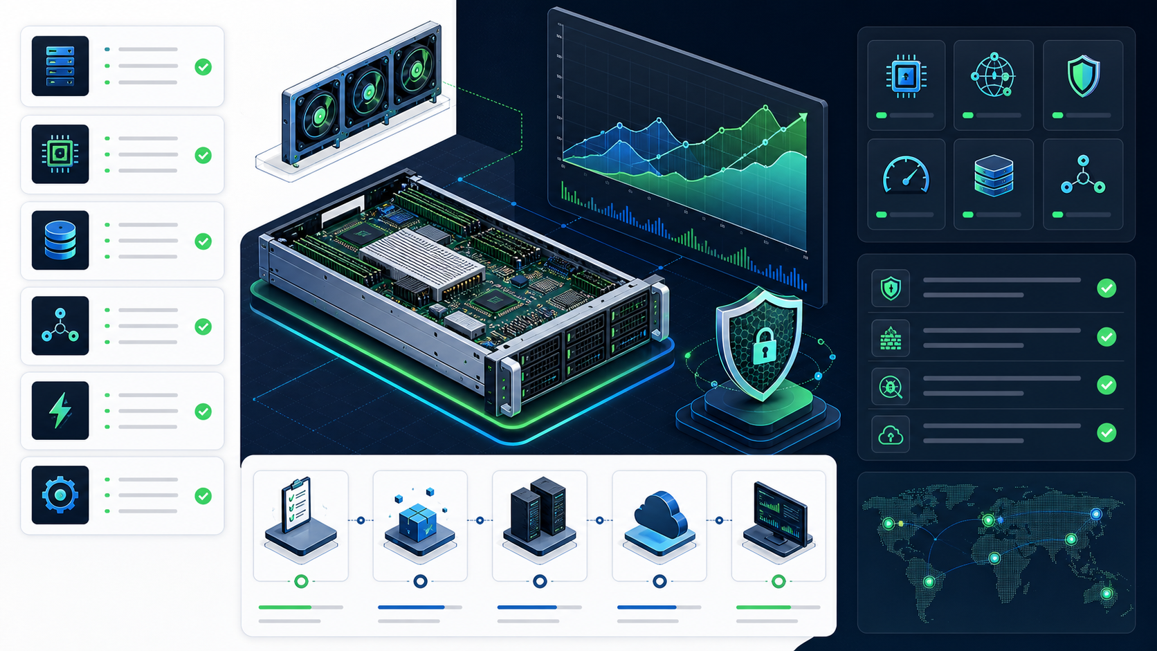 Bare metal server checklist with bandwidth and security icons for comparing hosting offers